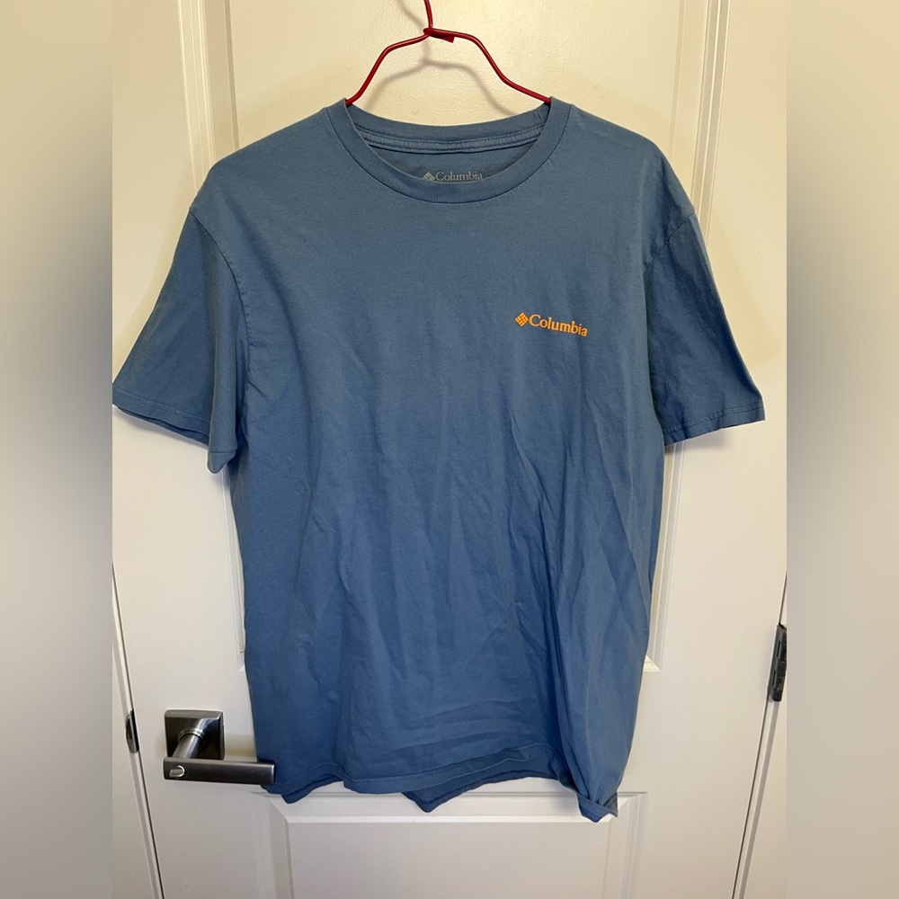 Columbia Men's Blue Tee with Orange Logo and Bear print on the back in size L